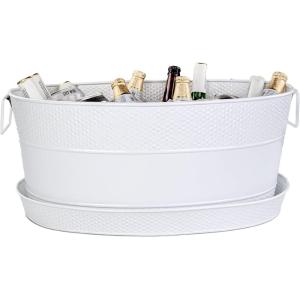 imageBREKX Aspen Stainless Steel Silver Beverage Tub with Stainless Steel Serving Tray  HeavyDuty Metal Ice and Drink Bucket for Parties Large Champagne Bucket with Tray for Mimosa Bar SuppliesWhite W Tray