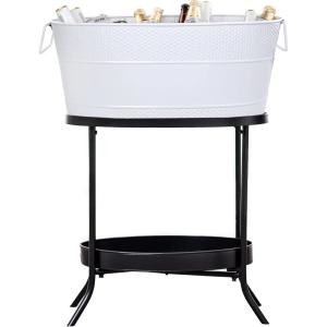 imageBREKX Aspen Stainless Steel Silver Beverage Tub with Stainless Steel Serving Tray  HeavyDuty Metal Ice and Drink Bucket for Parties Large Champagne Bucket with Tray for Mimosa Bar SuppliesWhite Tub W Stand