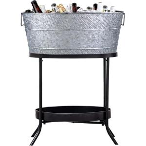 imageBREKX Aspen Stainless Steel Silver Beverage Tub with Stainless Steel Serving Tray  HeavyDuty Metal Ice and Drink Bucket for Parties Large Champagne Bucket with Tray for Mimosa Bar SuppliesAcid Wash W Stand
