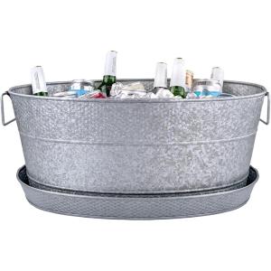 imageBREKX Aspen Stainless Steel Silver Beverage Tub with Stainless Steel Serving Tray  HeavyDuty Metal Ice and Drink Bucket for Parties Large Champagne Bucket with Tray for Mimosa Bar SuppliesAcid Wash W Tray