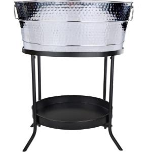 imageBREKX Aspen Stainless Steel Silver Beverage Tub with Stainless Steel Serving Tray  HeavyDuty Metal Ice and Drink Bucket for Parties Large Champagne Bucket with Tray for Mimosa Bar SuppliesSilver Tub W Stand