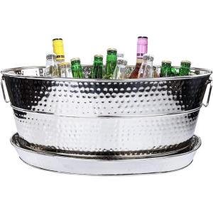 imageBREKX Aspen Stainless Steel Silver Beverage Tub with Stainless Steel Serving Tray  HeavyDuty Metal Ice and Drink Bucket for Parties Large Champagne Bucket with Tray for Mimosa Bar SuppliesSilver Tub W Tray