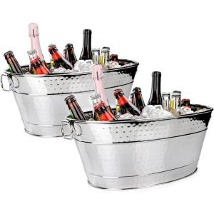 imageBREKX Colt Ice Buckets for Parties 16Bottle Ice Tub Drink Bucket Cooler with Handles Easy to Clean Glossy White Leak Resistant Finish Oval 15QT 4 Gallon Set of 2Stainless Steel