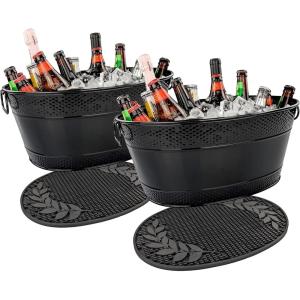 imageBREKX Galvanized Drinks Tubs with Insulated Bar Mats Set of 2 tubs  2 Bar Mats  Wine and Beer DripProof Party TubsBlack Party Set