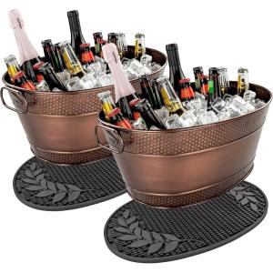 imageBREKX Galvanized Drinks Tubs with Insulated Bar Mats Set of 2 tubs  2 Bar Mats  Wine and Beer DripProof Party TubsCopper Party Set
