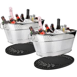 imageBREKX Galvanized Drinks Tubs with Insulated Bar Mats Set of 2 tubs  2 Bar Mats  Wine and Beer DripProof Party TubsSilver Party Set