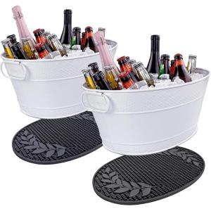 imageBREKX Galvanized Drinks Tubs with Insulated Bar Mats Set of 2 tubs  2 Bar Mats  Wine and Beer DripProof Party TubsWhite Party Set