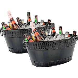 imageBREKX Black Beverage Tubs for Parties Oval 16Bottle Drink Bucket Coolers 15 Quarts 4 Gallon Metal Buckets for Party  Black Set of 2Black