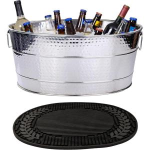 imageBREKX Stainless Steel Beverage Tub  Insulated MultiFunctional Bar Mat for Parties amp Events 6Gallon Large Ice Bin for Drinks with Rubber Drying Mat Set